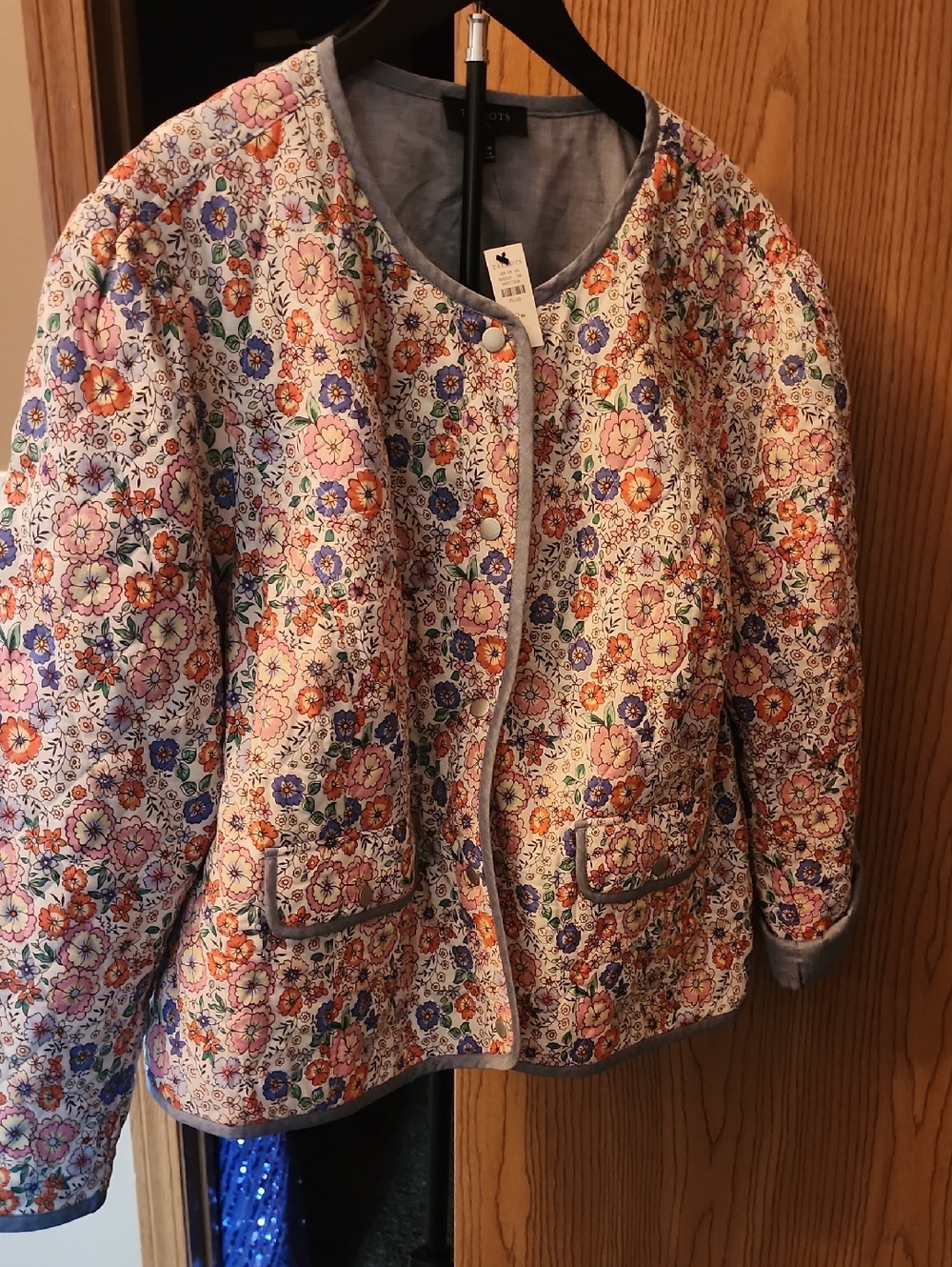 Talbots Plus Chambray Button-Front Jacket in Light Blue With Floral Design
